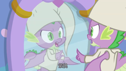 Size: 1280x720 | Tagged: safe, screencap, character:spike, species:dragon, episode:a trivial pursuit, g4, my little pony: friendship is magic, claws, clothing, fangs, flying, hat, male, mirror, nightcap, nightgown, reflection, winged spike, wings