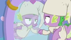 Size: 1280x720 | Tagged: safe, screencap, character:spike, species:dragon, episode:a trivial pursuit, g4, my little pony: friendship is magic, clothing, cropped, fist bump, hat, male, mirror, nightcap, nightgown, reflection, winged spike, wings