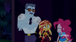 Size: 1360x766 | Tagged: safe, screencap, character:pinkie pie, character:sunset shimmer, equestria girls:sunset's backstage pass, g4, my little pony:equestria girls, blushing, discovery family logo, female, flattered, infatuation, male, max steele, necktie, night, sunglasses