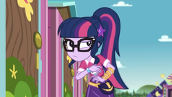 Size: 1280x720 | Tagged: safe, screencap, character:twilight sparkle, character:twilight sparkle (scitwi), species:eqg human, episode:the road less scheduled, g4, my little pony:equestria girls, clothing, female, geode of telekinesis, glasses, magical geodes, ponytail, skirt, the road less scheduled: fluttershy