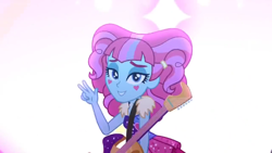 Size: 1366x768 | Tagged: safe, screencap, character:kiwi lollipop, equestria girls:sunset's backstage pass, g4, my little pony:equestria girls, discovery family logo, kiwi lollipop, simple background, solo, two fingers, white background
