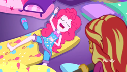 Size: 1366x768 | Tagged: safe, screencap, character:pinkie pie, character:sunset shimmer, equestria girls:sunset's backstage pass, g4, my little pony:equestria girls, barefoot, clothing, discovery family logo, drool, feet, laying on bed, laying on floor, mattress, open mouth, pajamas, sleeping, sleepy, slippers, snoring