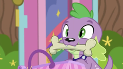 Size: 1280x720 | Tagged: safe, screencap, character:spike, character:spike (dog), species:dog, episode:the road less scheduled, g4, my little pony:equestria girls, bone, cute, male, mouth hold, spikabetes, tail, the road less scheduled: fluttershy