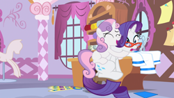 Size: 1920x1080 | Tagged: safe, screencap, character:rarity, character:sweetie belle, species:pony, species:unicorn, episode:for whom the sweetie belle toils, all new, carousel boutique, cute, diasweetes, eyes closed, female, filly, glasses, hug, mare, open mouth, poniquin, ponyquin, rarity's glasses, scissors, text