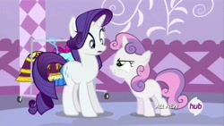 Size: 1280x720 | Tagged: safe, screencap, character:rarity, character:sweetie belle, species:pony, species:unicorn, angry, argument, clothes rack, clothing, dress, female, filly, hub logo, looking at each other, mare