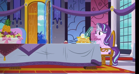 Size: 480x256 | Tagged: safe, screencap, character:princess celestia, character:princess luna, character:starlight glimmer, species:alicorn, species:pony, species:unicorn, episode:a royal problem, g4, my little pony: friendship is magic, animated, banana, banana peel, chewing, eating, female, food, levitation, magic, mare, pancakes, royal sisters, siblings, sisters, tea, telekinesis