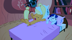Size: 1280x720 | Tagged: safe, screencap, character:applejack, character:rarity, species:earth pony, species:pony, species:unicorn, episode:look before you sleep, g4, my little pony: friendship is magic, bed, blanket, faec, female, golden oaks library, happy, mare, open mouth, pillow, telescope