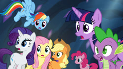 Size: 1278x720 | Tagged: safe, screencap, character:applejack, character:fluttershy, character:pinkie pie, character:rainbow dash, character:rarity, character:spike, character:twilight sparkle, character:twilight sparkle (alicorn), species:alicorn, species:dragon, species:earth pony, species:pegasus, species:pony, species:unicorn, episode:twilight's kingdom, g4, my little pony: friendship is magic, female, jaw drop, male, mane seven, mane six, mare, one of these things is not like the others
