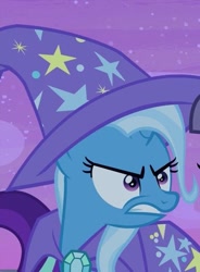Size: 331x450 | Tagged: safe, screencap, character:trixie, species:pony, episode:student counsel, cropped, frown, glare, offscreen character, solo focus