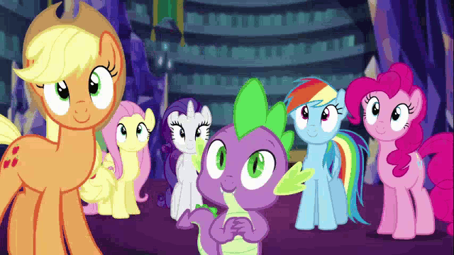 Size: 640x360 | Tagged: safe, screencap, character:applejack, character:fluttershy, character:pinkie pie, character:rainbow dash, character:rarity, character:spike, species:dragon, species:earth pony, species:pegasus, species:pony, species:unicorn, equestria girls:rainbow rocks, g4, my little pony:equestria girls, animated, castle, clothing, cute, cute little fangs, fangs, female, hat, library, looking at you, male, mare, open mouth, smiling, twilight's castle