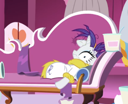 Size: 506x412 | Tagged: safe, screencap, character:rarity, episode:it isn't the mane thing about you, g4, my little pony: friendship is magic, carousel boutique, couch, cropped, fainting couch, food, ice cream, raribald, solo