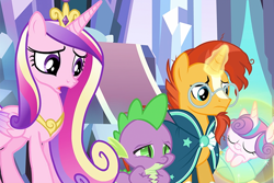 Size: 618x412 | Tagged: safe, screencap, character:princess cadance, character:princess flurry heart, character:spike, character:sunburst, species:alicorn, species:dragon, species:pony, species:unicorn, episode:the times they are a changeling, g4, my little pony: friendship is magic, baby, baby pony, cape, clothing, crown, crystal empire, female, filly, glasses, glowing horn, horn, jewelry, levitation, magic, male, mare, regalia, sleeping, stallion, telekinesis