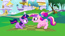 Size: 1280x720 | Tagged: safe, screencap, character:princess cadance, character:twilight sparkle, character:twilight sparkle (unicorn), species:alicorn, species:pony, species:unicorn, episode:a canterlot wedding, g4, my little pony: friendship is magic, crouching, duo, female, filly, filly twilight sparkle, looking at each other, open mouth, sunshine sunshine, teen princess cadance, teenager, younger