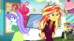 Size: 1914x1080 | Tagged: safe, screencap, character:aqua blossom, character:snails, character:snips, character:sunset shimmer, equestria girls:sunset's backstage pass, g4, my little pony:equestria girls, angry, background human, female, food truck, geode of empathy, hairband, magical geodes, male, sunset shimmer is not amused, unamused