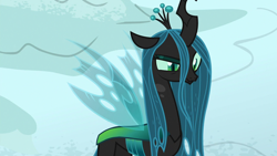 Size: 1280x720 | Tagged: safe, screencap, character:queen chrysalis, species:changeling, episode:frenemies, g4, my little pony: friendship is magic, changeling queen, crown, eyeshadow, female, former queen chrysalis, frown, insect wings, jewelry, makeup, raised eyebrow, regalia, slit eyes, solo, thinking, wings