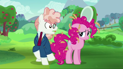 Size: 1280x720 | Tagged: safe, screencap, character:pinkie pie, character:svengallop, species:earth pony, species:pony, episode:the mane attraction, g4, my little pony: friendship is magic, apple tree, bossy, clothing, cute, cutie mark, duo, female, floppy ears, food, glasses, male, mare, miserable, oats, plate, snobby, stallion, suit, tree