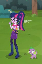 Size: 461x701 | Tagged: safe, screencap, character:spike, character:spike (dog), character:twilight sparkle, character:twilight sparkle (scitwi), species:dog, species:eqg human, episode:the road less scheduled, g4, my little pony:equestria girls, boots, clothing, cropped, female, geode of telekinesis, glasses, magical geodes, pantyhose, ponytail, shoes, skirt, spike's dog collar, tail, the road less scheduled: microchips