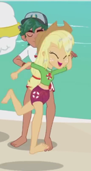 Size: 288x540 | Tagged: safe, screencap, character:applejack, character:bulk biceps, character:timber spruce, episode:turf war, g4, my little pony:equestria girls, applejack's hat, barefoot, beach, clothing, cowboy hat, eyes closed, feet, female, geode of super strength, hat, legs, lifeguard, lifeguard applejack, lifeguard timber, magical geodes, male, male feet, offscreen character, shorts, spread toes, wet hair