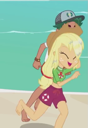 Size: 373x540 | Tagged: safe, screencap, character:applejack, character:timber spruce, episode:turf war, g4, my little pony:equestria girls, applejack's hat, barefoot, clothing, cowboy hat, feet, female, geode of super strength, happy, hat, legs, lifeguard, lifeguard applejack, lifeguard timber, magical geodes, male, male feet, running, shorts, toes, wet hair