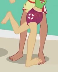 Size: 213x266 | Tagged: safe, screencap, character:applejack, character:timber spruce, episode:turf war, g4, my little pony:equestria girls, clothing, cropped, feet, legs, lifeguard applejack, lifeguard timber, male, male feet, pictures of legs, shorts, spread toes, toes