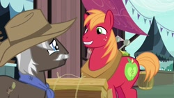Size: 1280x720 | Tagged: safe, screencap, character:big mcintosh, character:burnt oak, species:earth pony, species:pony, episode:the perfect pear, g4, my little pony: friendship is magic, clothing, cowboy hat, crying, cutie mark, firewood, hat, male, smiling, stallion