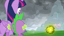 Size: 1920x1080 | Tagged: safe, screencap, character:spike, character:twilight sparkle, character:twilight sparkle (alicorn), species:alicorn, species:dragon, species:pony, episode:the ending of the end, g4, my little pony: friendship is magic, leak, canterlot castle, cloud, destroyed, implied grogar, out of focus, pony history, portal, ruins, ruins of canterlot, snow, snowfall, tree, windigo, winged spike