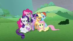 Size: 1920x1080 | Tagged: safe, screencap, character:applejack, character:fluttershy, character:pinkie pie, character:rainbow dash, character:rarity, character:spike, character:twilight sparkle, character:twilight sparkle (alicorn), species:alicorn, species:dragon, species:earth pony, species:pegasus, species:pony, species:unicorn, episode:the ending of the end, g4, my little pony: friendship is magic, leak, best friends, cutie mark, female, final battle, folded wings, freckles, glare, gritted teeth, group hug, hug, mane seven, mane six, mare, nopony is amused, raised hoof, series finale, the end, winged spike, winghug, wings, worried