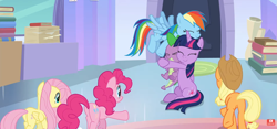Size: 1905x889 | Tagged: safe, screencap, character:applejack, character:fluttershy, character:pinkie pie, character:rainbow dash, character:rarity, character:spike, character:twilight sparkle, character:twilight sparkle (alicorn), species:alicorn, species:dragon, species:pony, episode:the ending of the end, g4, my little pony: friendship is magic, leak, book, cute, hug, series finale, smiling, spikabetes, spikelove, the end, winged spike