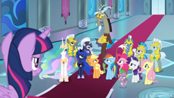 Size: 1280x720 | Tagged: safe, screencap, character:applejack, character:discord, character:fluttershy, character:pinkie pie, character:princess celestia, character:princess luna, character:rainbow dash, character:rarity, character:spike, character:twilight sparkle, character:twilight sparkle (alicorn), species:alicorn, species:draconequus, species:dragon, species:earth pony, species:pegasus, species:pony, species:unicorn, episode:the ending of the end, g4, my little pony: friendship is magic, applejack is not amused, baby dragon, canterlot castle, celestia is not amused, chestplate, crossed arms, crown, ethereal mane, female, flowing mane, flowing tail, frown, glare, guardsmare, hoof shoes, jewelry, luna is not amused, male, mane seven, mane six, mare, multicolored hair, narrowed eyes, peytral, ponytail, rainbow dash is not amused, raised eyebrow, rarity is not amused, regalia, royal guard, spike is not amused, stained glass, stallion, throne room, twilight is not amused, unamused, wall of tags, winged spike