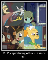 Size: 710x878 | Tagged: safe, screencap, character:discord, character:doctor whooves, character:grand pear, character:time turner, species:pony, episode:make new friends but keep discord, episode:slice of life, episode:the perfect pear, episode:the return of harmony, g4, my little pony: friendship is magic, danny torrance, danny trottance, glow, lever, lightning, male, meme, pear jam, science fiction, smiling, time travel