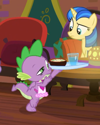 Size: 454x567 | Tagged: safe, screencap, character:mystic moonlight, character:spike, species:dragon, species:pony, species:unicorn, episode:the point of no return, g4, my little pony: friendship is magic, apron, clothing, cropped, female, food, male, mare, naked apron, tail, toes, tray, water, winged spike, wings