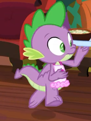 Size: 274x366 | Tagged: safe, screencap, character:spike, species:dragon, episode:the point of no return, g4, my little pony: friendship is magic, apron, claws, clothing, cropped, male, naked apron, solo, tail, tray, underfoot, winged spike