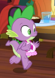 Size: 284x401 | Tagged: safe, screencap, character:spike, species:dragon, episode:the point of no return, g4, my little pony: friendship is magic, apron, clothing, cropped, male, naked apron, running, toes, tray, underfoot, water, winged spike, wings