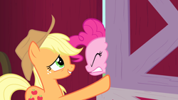 Size: 1920x1080 | Tagged: safe, screencap, character:applejack, character:pinkie pie, species:earth pony, species:pony, episode:party of one, g4, my little pony: friendship is magic, duo, eyes closed, female, gritted teeth, mare, ouch, pinkiebuse