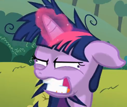Size: 872x736 | Tagged: safe, screencap, character:twilight sparkle, character:twilight sparkle (unicorn), species:pony, species:unicorn, episode:lesson zero, g4, my little pony: friendship is magic, crazy face, cropped, faec, floppy ears, messy mane, solo, twilight snapple