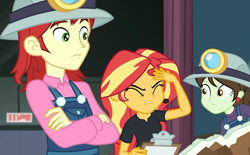 Size: 1164x720 | Tagged: safe, screencap, character:nolan north, character:sophisticata, character:sunset shimmer, episode:all the world's off stage, g4, my little pony:equestria girls, background human, clothing, crossed arms, cyoa, female, helmet, male, nolan north, sophisticata