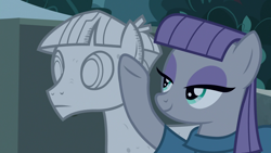 Size: 1920x1080 | Tagged: safe, screencap, character:maud pie, character:mudbriar, species:earth pony, species:pony, episode:student counsel, adoration, agalmatophilia, bedroom eyes, boyfriend and girlfriend, caress, clothing, everfree forest, female, fond, lidded eyes, male, mare, mouth closed, night, petrification, raised hoof, rock, rockbriar, shipping, smiling, stallion, statue, straight, that pony sure does love rocks, underhoof, when she smiles