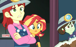 Size: 1165x720 | Tagged: safe, screencap, character:nolan north, character:sophisticata, character:sunset shimmer, episode:all the world's off stage, g4, my little pony:equestria girls, background human, clothing, crossed arms, cyoa, female, helmet, male, nolan north, sophisticata