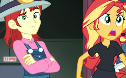 Size: 1158x720 | Tagged: safe, screencap, character:nolan north, character:sunset shimmer, episode:all the world's off stage, g4, my little pony:equestria girls, background human, clothing, cyoa, female, helmet, male, nolan north