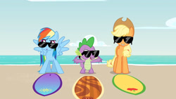 Size: 2048x1152 | Tagged: safe, screencap, character:applejack, character:rainbow dash, character:spike, species:dragon, species:pegasus, species:pony, applejack's hat, beach, clothing, cowboy hat, equestria hills 90210, female, gladys, hat, male, sunglasses, surfboard, winged spike