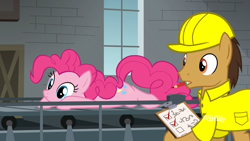 Size: 1920x1080 | Tagged: safe, screencap, character:pinkie pie, species:earth pony, species:pony, episode:the last laugh, g4, my little pony: friendship is magic, checklist, clipboard, clothing, conveyor belt, crate, cute, factory, female, funny, gag factory, hard hat, hat, lying down, male, mare, mouth hold, pencil, shirt, stallion, uniform, wide eyes, written equestrian