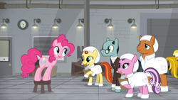 Size: 1920x1080 | Tagged: safe, screencap, character:pinkie pie, character:sans smirk, species:earth pony, species:pony, episode:the last laugh, g4, my little pony: friendship is magic, background pony, booties, cap, clipboard, clothing, discovery family logo, eye contact, female, filly, gag factory, hat, lab coat, lavender flask, leaning, lemon honey, looking at each other, male, mare, mouth hold, pencil, stallion, teenager, unnamed pony
