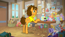 Size: 1920x1080 | Tagged: safe, screencap, character:cheese sandwich, species:duck, species:pony, episode:the last laugh, g4, my little pony: friendship is magic, anvil, barber pole, basket, blueprint, bolt, checklist, clock, clothing, discovery family logo, drums, fake eyes, firewood, gag factory, hat, hoof hold, male, musical instrument, party hat, piranha plant, rubber duck, shaving cream, slingshot, smiley face, solo, stallion, tentacles, time bomb, toy, workbench, workshop