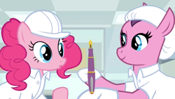 Size: 1920x1080 | Tagged: safe, screencap, character:pinkie pie, species:earth pony, species:pony, episode:the last laugh, g4, my little pony: friendship is magic, booties, clothing, discovery family logo, factory, female, fountain pen, gag factory, hard hat, hat, lab coat, laboratory, lavender flask, mare, pen, smiling