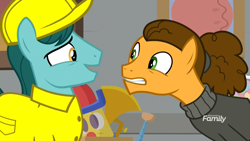 Size: 1920x1080 | Tagged: safe, screencap, character:cheese sandwich, species:earth pony, species:pony, episode:the last laugh, g4, my little pony: friendship is magic, alternate hairstyle, clothing, discovery family logo, eye contact, factory, gag factory, hard hat, hat, lab coat, leaning, looking at each other, male, nervous, nervous laugh, stallion, stretch, sweater, uncomfortable, uniform