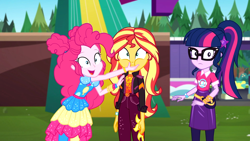 Size: 1914x1080 | Tagged: safe, screencap, character:pinkie pie, character:sunset shimmer, character:twilight sparkle, character:twilight sparkle (scitwi), species:eqg human, equestria girls:sunset's backstage pass, g4, my little pony:equestria girls, cheek squish, discovery family logo, face grab, female, geode of empathy, geode of sugar bombs, geode of telekinesis, glasses, happy, magical geodes, open mouth, pinkie being pinkie, ponytail, shrunken pupils, smiling, squishy cheeks, trio, wristband