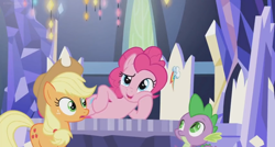Size: 1600x860 | Tagged: safe, screencap, character:applejack, character:pinkie pie, character:spike, episode:the last laugh, g4, my little pony: friendship is magic, lying down, table, throne, throne room, twilight's castle