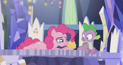 Size: 1600x860 | Tagged: safe, screencap, character:pinkie pie, character:spike, episode:the last laugh, g4, my little pony: friendship is magic, cupcake, cutie map, eating, food, plastic, surprised, twilight's castle