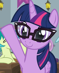 Size: 519x641 | Tagged: safe, screencap, character:ocellus, character:sandbar, character:twilight sparkle, character:twilight sparkle (alicorn), character:twilight sparkle (scitwi), species:alicorn, species:changedling, species:earth pony, species:pony, adorkable, beverly hills 90210, bored, cropped, cute, dork, equestria hills 90210, female, glasses, i can't believe it's not sci-twi, male, mare, offscreen character, parody, raised hoof, smiling, solo focus, twiabetes