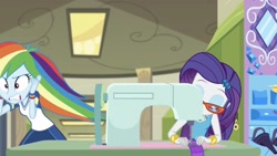 Size: 1462x827 | Tagged: safe, screencap, character:rainbow dash, character:rarity, episode:sock it to me, g4, my little pony:equestria girls, bracelet, canterlot high, frustrated, geode of shielding, hallway, impatient, jewelry, locker, lockers, magical geodes, rainbow dash is not amused, rarity's glasses, sewing, sewing machine, sock, sock it to me: rarity, unamused